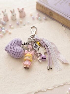 Custom Lavender Heart Charm Keychain with Doll and Lace Accents